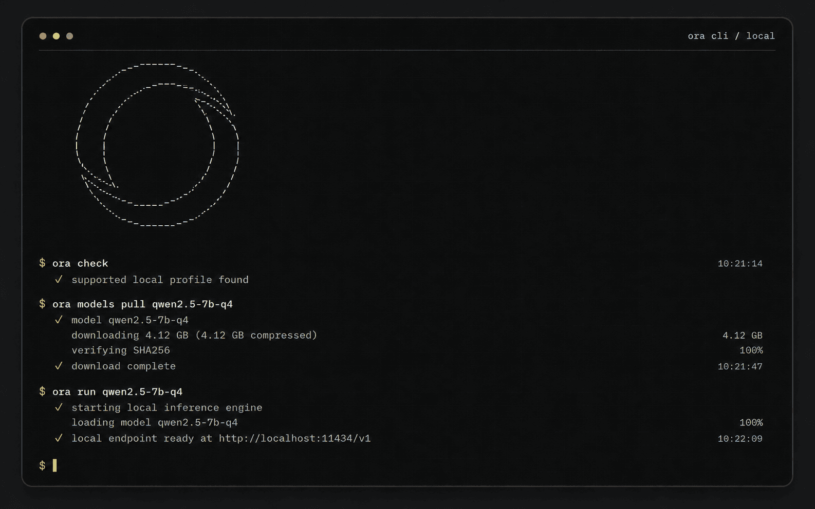 Ora CLI terminal showing a local model download and launch workflow.
